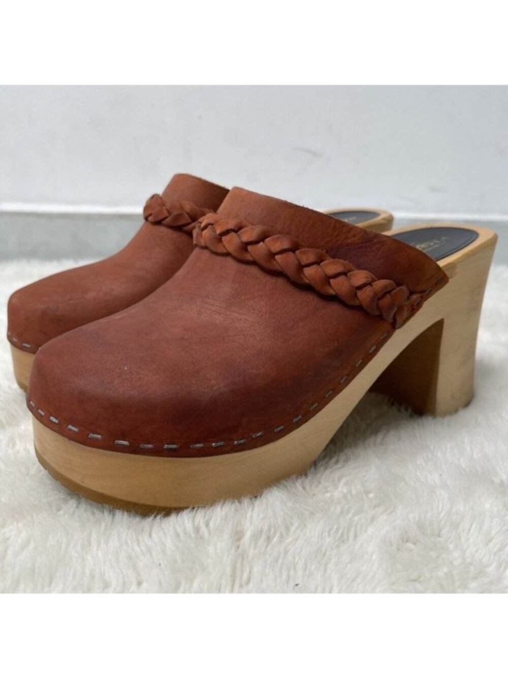Swedish Hasbeens Laila Braided Leather Platform Clog Mules Brown Wood Heel Sz 38